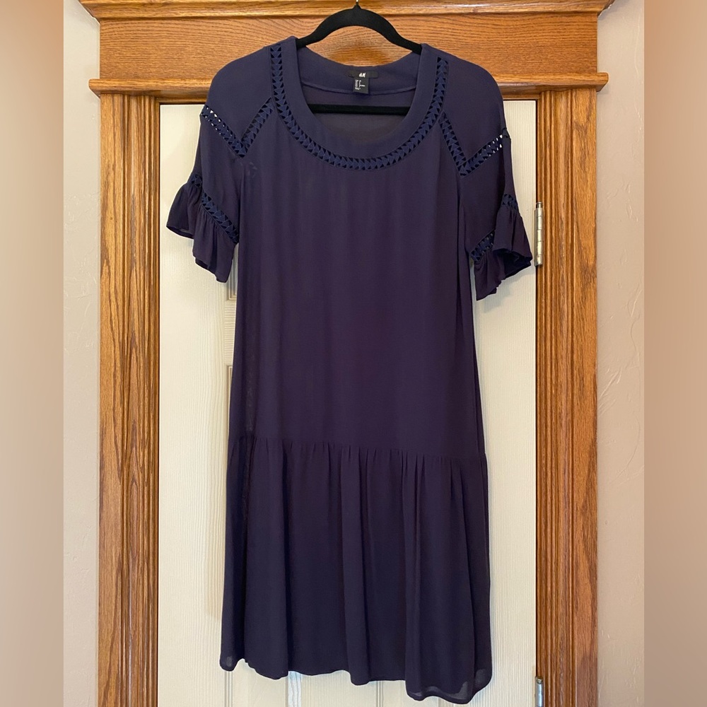 H&M Womens Navy Dress Flutter Sleeves Cutout Detail Sz 4